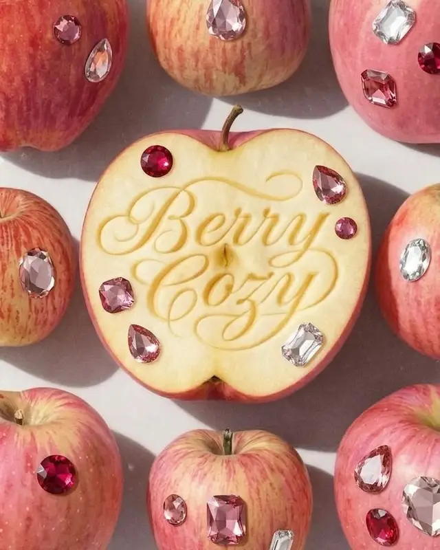 Halved apple carved with 'Berry Cozy' surrounded by rhinestone-studded apples — flat-lay