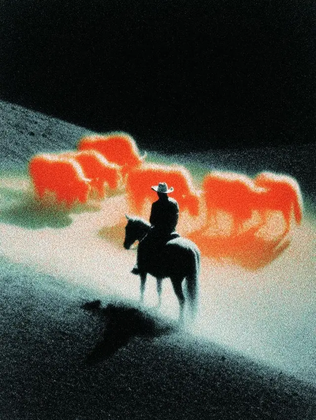 Silhouetted cowboy on horseback herding glowing orange cattle — grainy neon Western poster