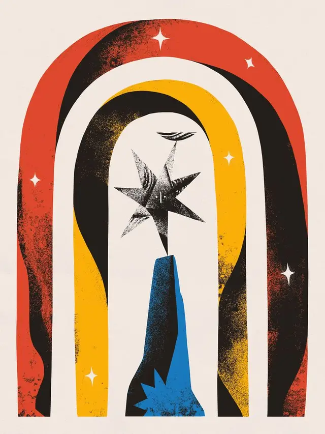 Mid‑Century Arches with Star on Blue Pedestal — Distressed Screenprint Poster