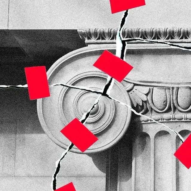 Photomontage of Ionic column capital with red rectangles and torn-paper seams