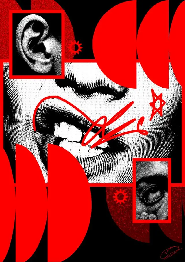 Red-and-Black Halftone Face Collage with Geometric Semicircles