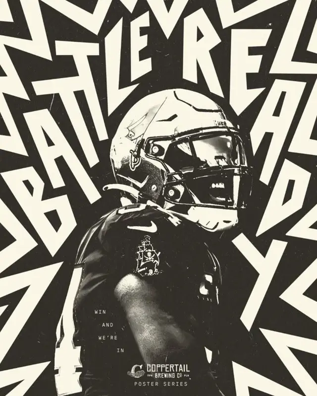 Coppertail Brewing poster — helmeted football player with pirate ship patch, “Win and We r