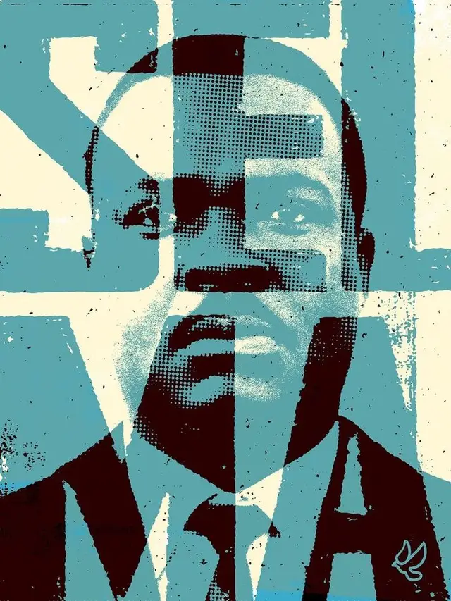 Screenprint-style portrait poster with teal stencil typography and dove emblem