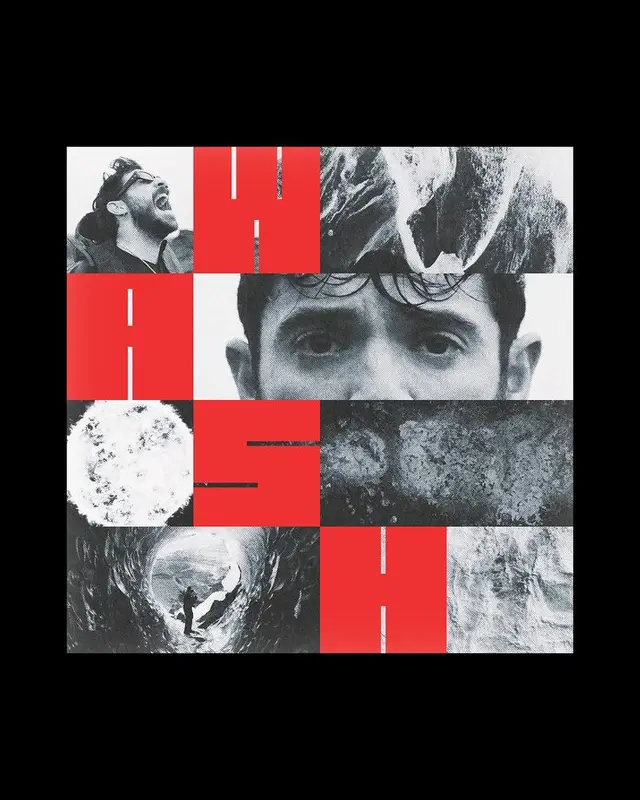 Red-letter photomontage poster in 3x3 grid