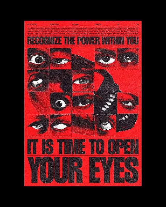 IT IS TIME TO OPEN YOUR EYES — red eye-collage poster