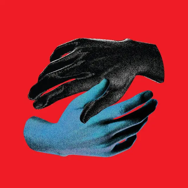 Duotone Hands Poster — Black Grainy Hand Over Cyan Hand on Red