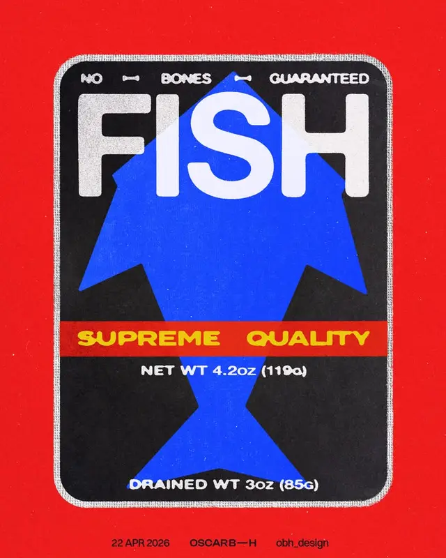 Retro canned fish label with bold blue fish silhouette