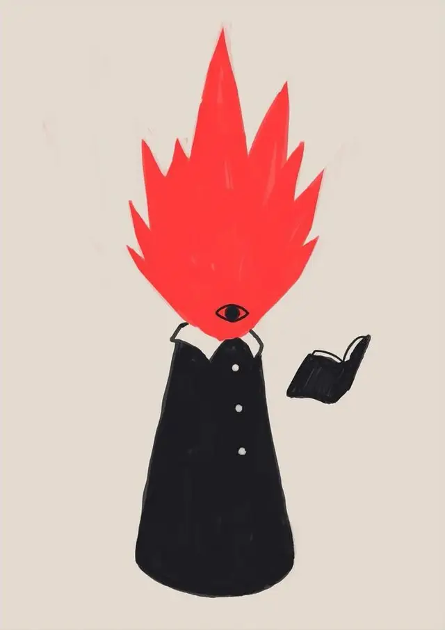 Flame‑Headed Figure with Floating Book — Minimal Surreal Illustration