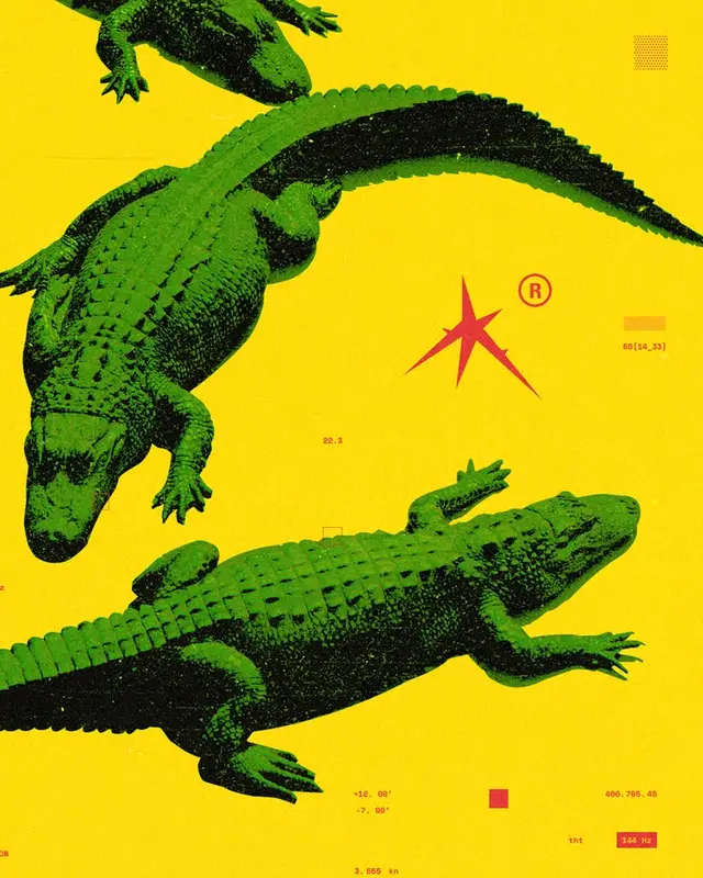 Pop‑art green crocodiles on yellow poster with red emblem