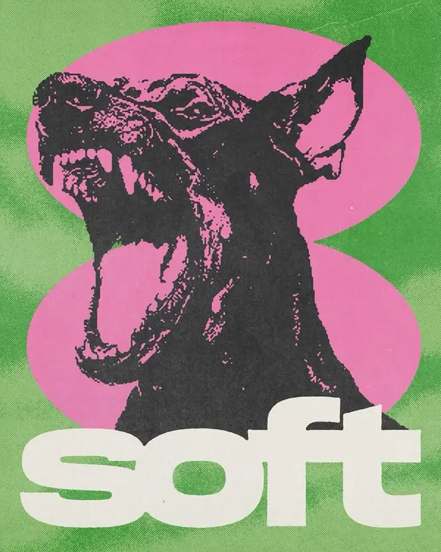 Retro pop poster: roaring canine head with bold 'soft' typography