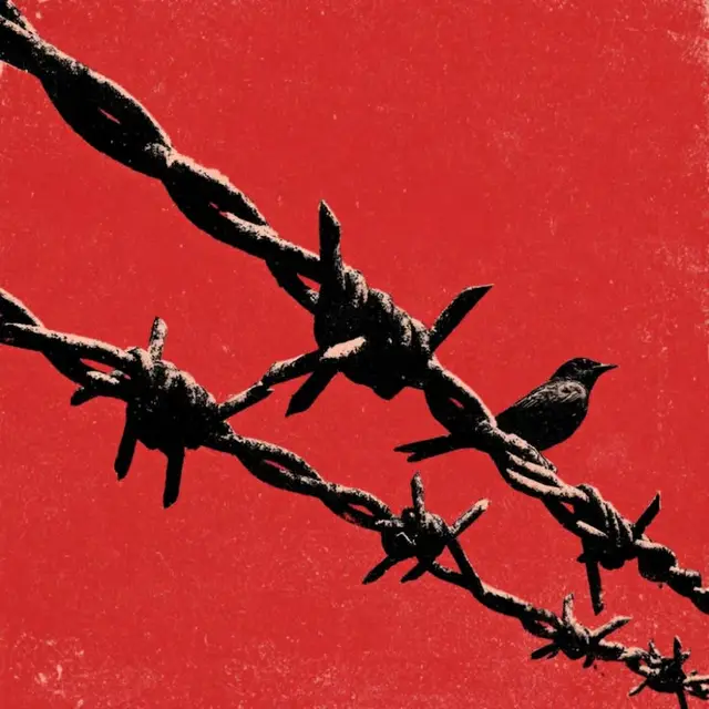 Barbed Wire with Perched Bird — Red Distressed Poster
