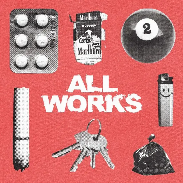 Halftone Collage: Marlboro Pack, Pills, Keys and 'ALL WORKS' on Coral Red