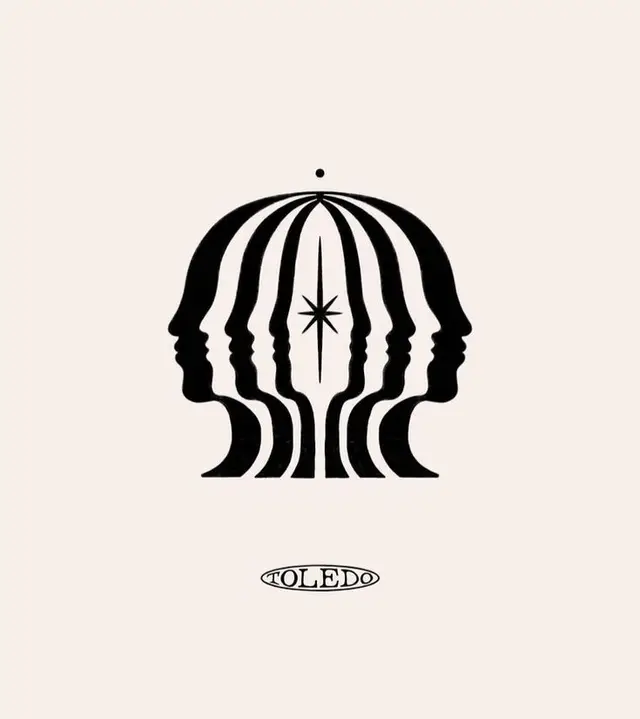 Monochrome optical-illusion poster with layered profile silhouettes and 'TOLEDO' logo