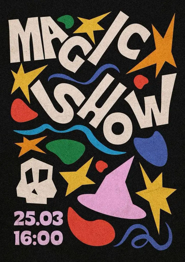 Bold cut-paper poster: "Magic Show" with pink witch hat and stars