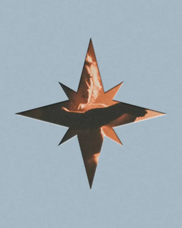 Copper-lit silhouette in eight-point star cutout on pale blue background