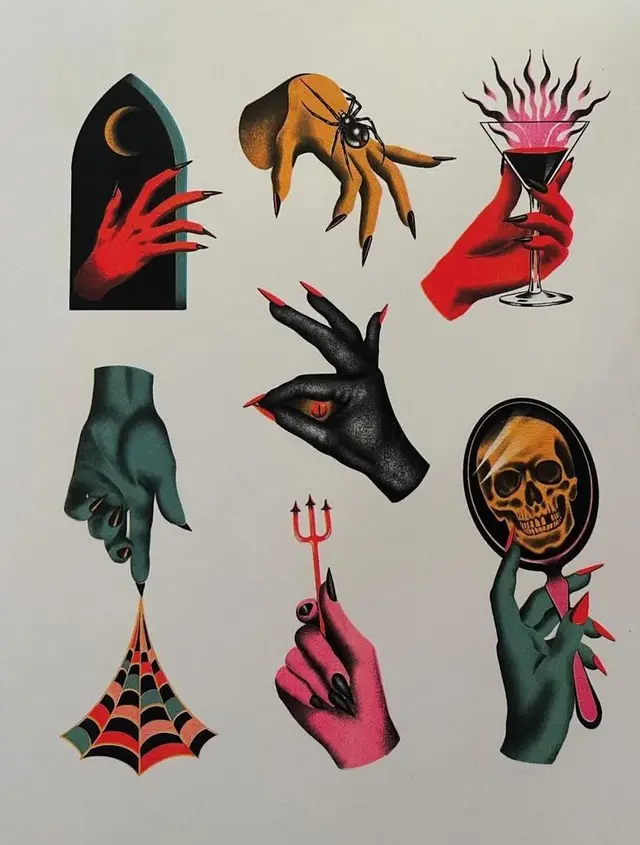 Occult Tattoo Flash Sheet — Colorful Hands with Skull, Spider, Martini