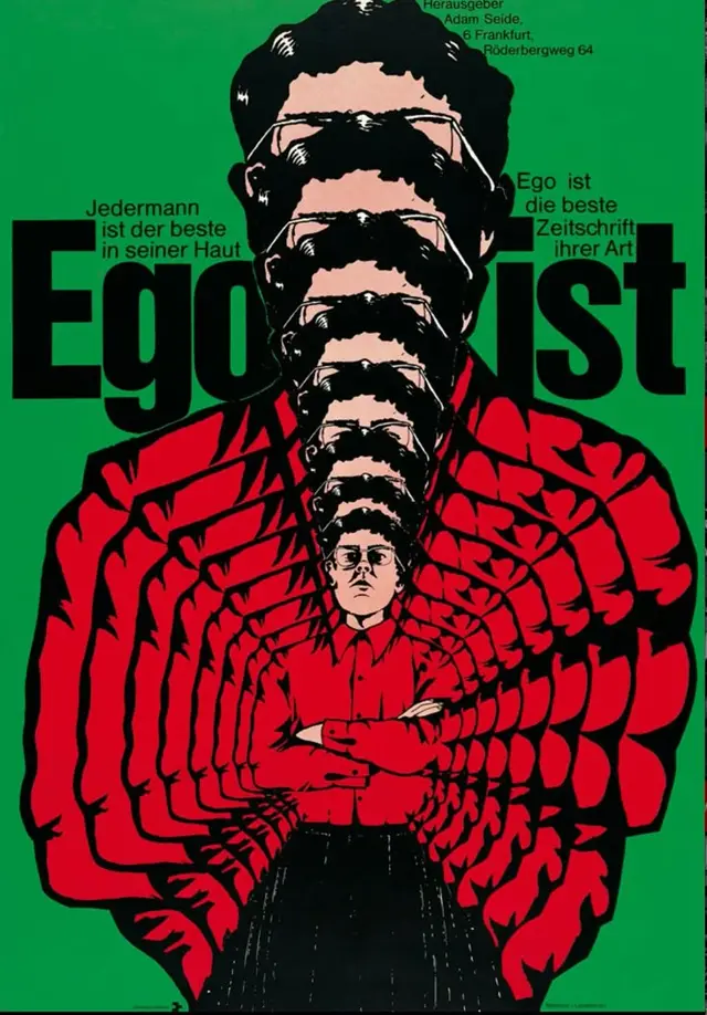 Egoist magazine poster — repeating red figure with tunnel effect