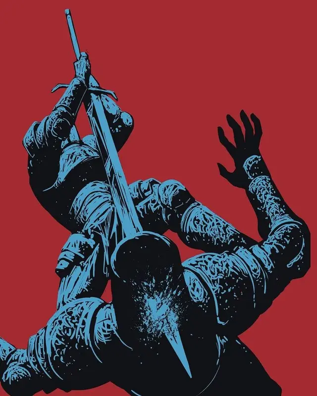Blue-armored knight thrusting longsword through helmeted foe on red poster