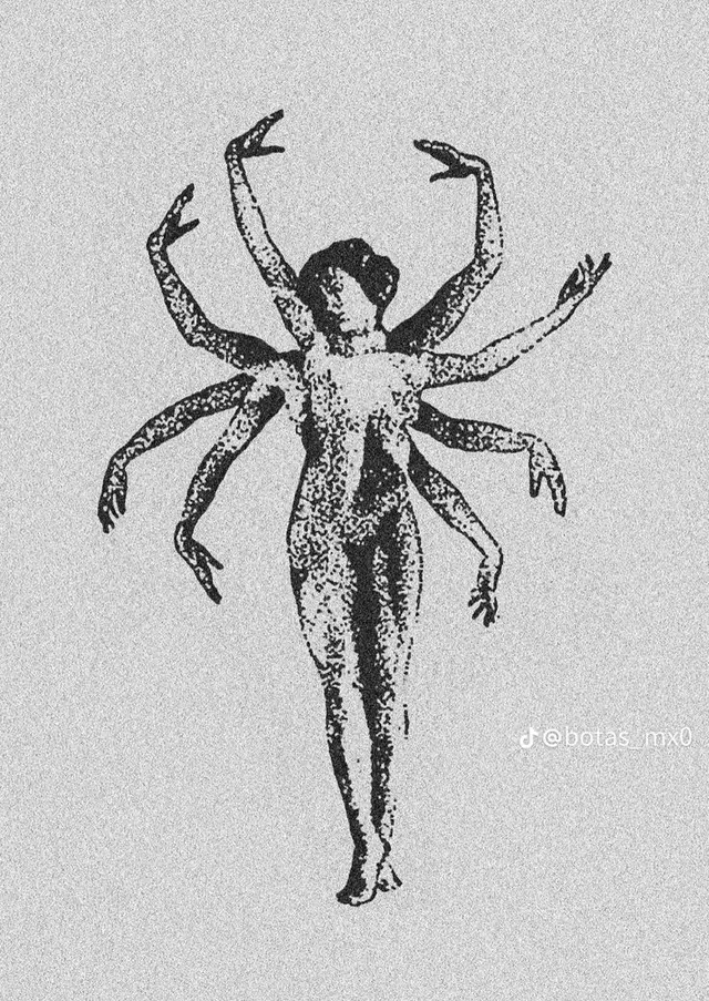 Halftone multi-armed female figure — vintage stipple illustration