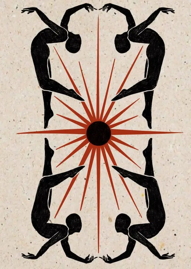Mirrored Dancer Silhouettes with Central Sunburst on Speckled Paper