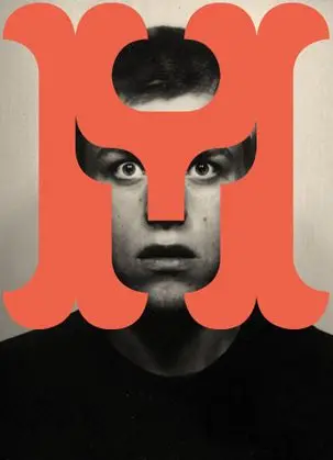 Monochrome portrait with oversized coral typographic overlay