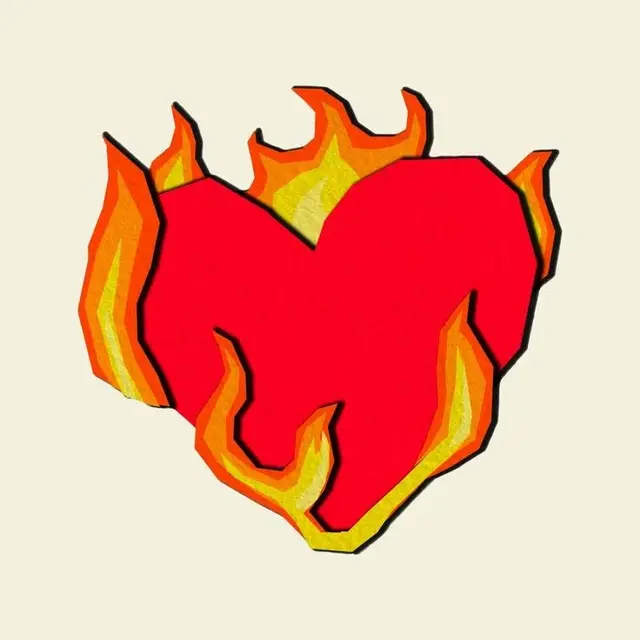 Red heart engulfed in orange-yellow flames — hand-drawn illustration