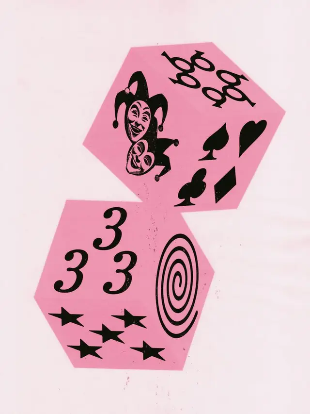 Double pink hexagon print with joker faces, playing-card suits, spiral target and repeated