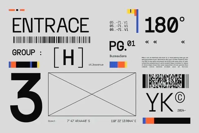 Modular typographic poster with large numeral, barcode and color swatches