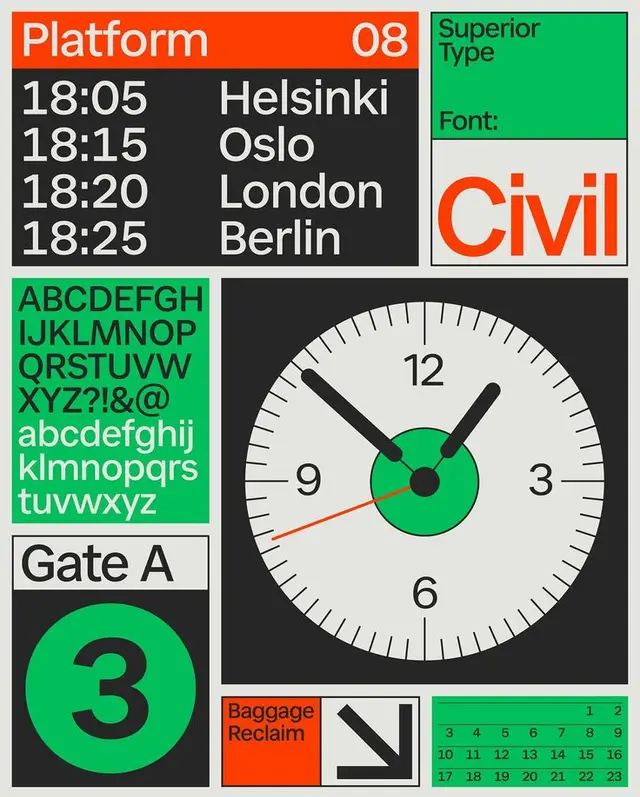 Civil font specimen poster — airport wayfinding grid