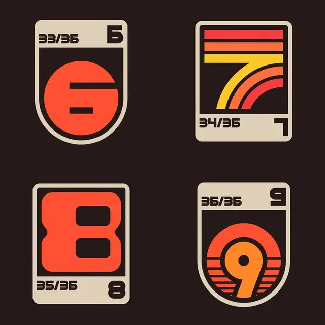 Retro 1970s Numeric Badge Set — Cards 6–9, Orange & Yellow on Dark Brown