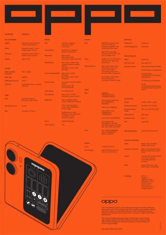 OPPO foldable smartphone specification poster — orange and black