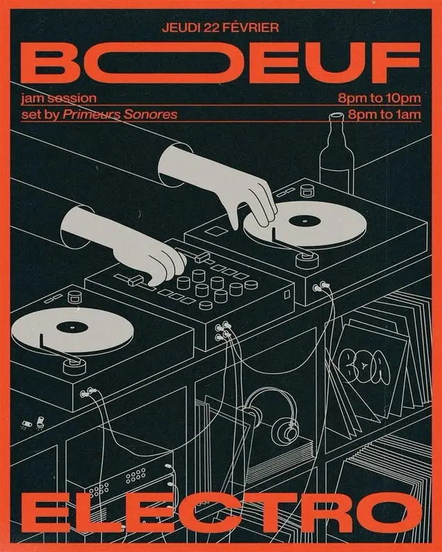 French electro poster: isometric DJ setup with turntables and mixer