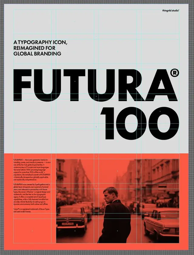 FUTURA 100 typographic poster — Futura specimen with red duotone street photo