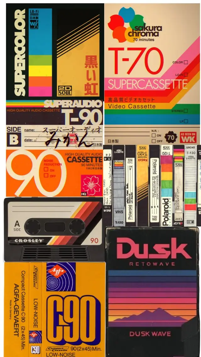 Retro cassette & VHS label collage — 80s synthwave packaging