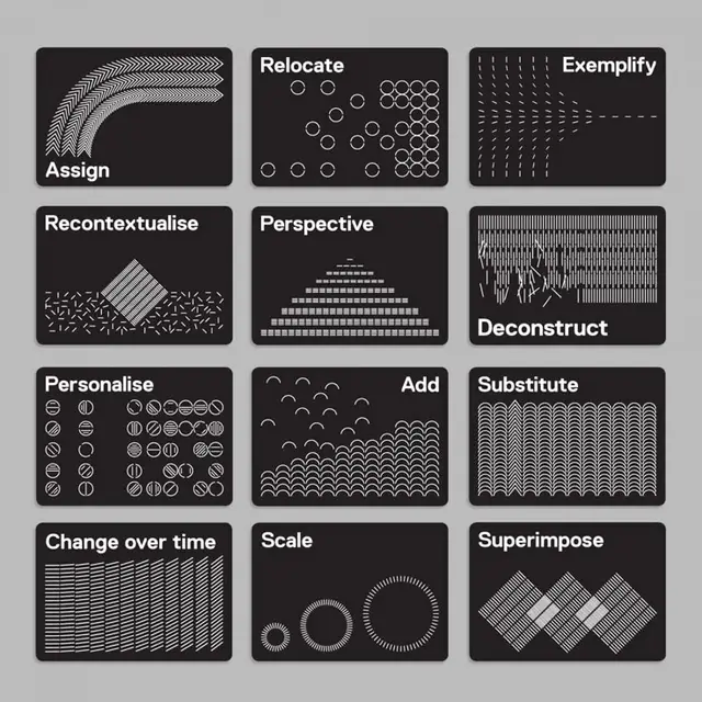 Monochrome concept cards — 12 labeled geometric patterns