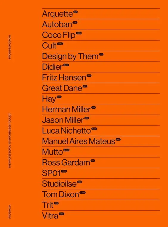 Orange typographic poster listing furniture and lighting brands