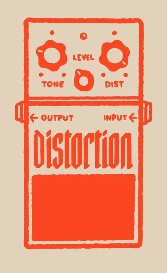 Orange hand-drawn distortion pedal illustration on beige