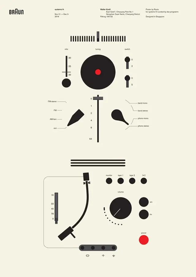 Braun audio control panel poster — minimalist schematic