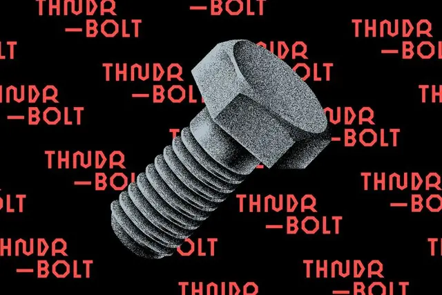 Speckled Hex Bolt Over Repeating 'THNDR - BOLT' Typography