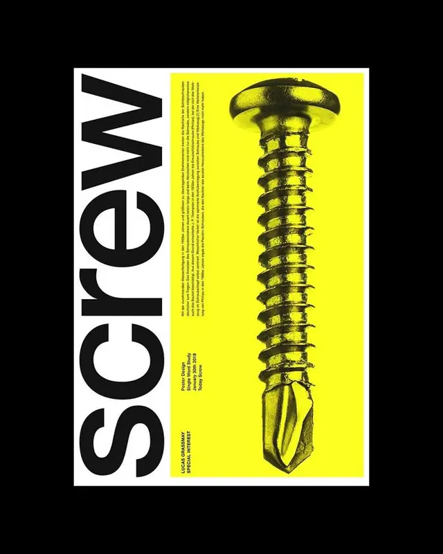 Yellow duotone screw poster with vertical "screw" typography