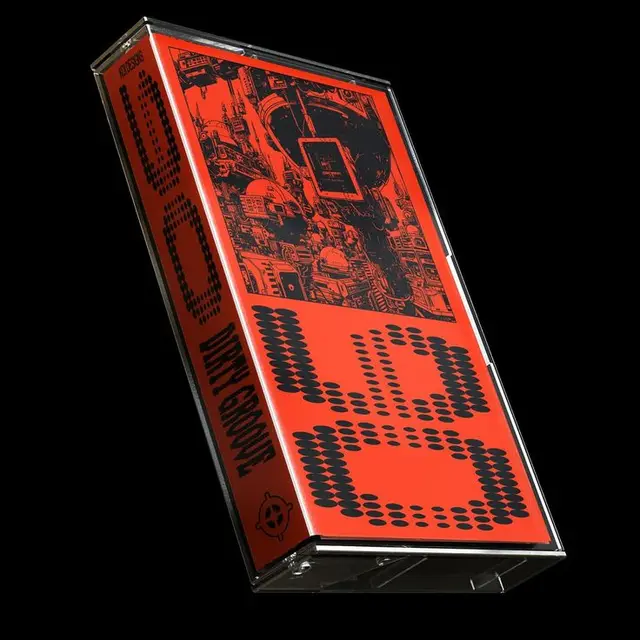 Orange sci‑fi cassette cover with dotted numerals and mechanical linework