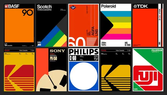 Grid of vintage VHS and cassette packaging designs (BASF, Scotch, Agfa, Polaroid, TDK, Kod