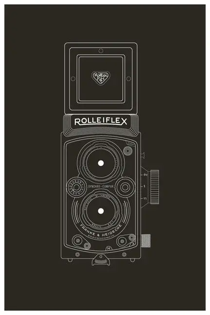 Rolleiflex twin-lens reflex camera white-line schematic poster