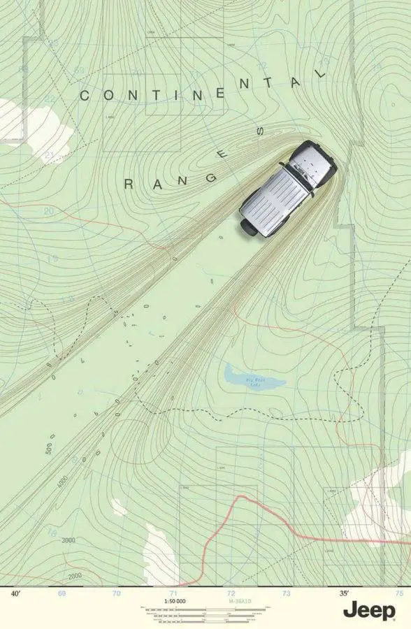 Jeep advertisement over topographic map — Continental Ranges