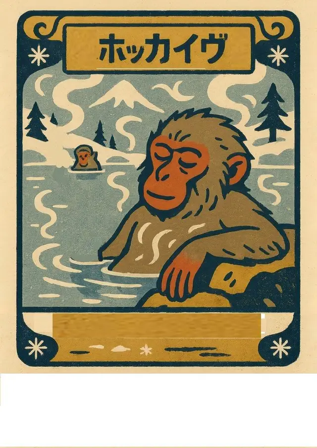 Vintage poster of a snow monkey relaxing in a hot spring (Japanese katakana title)