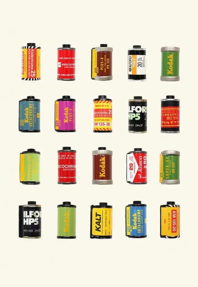 Grid of vintage 35mm film canisters (Kodak, Ilford, Ansco)