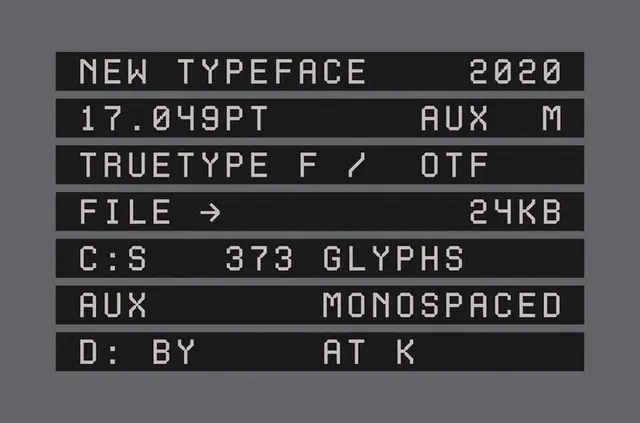 Monospaced pixel typeface specimen poster — 2020