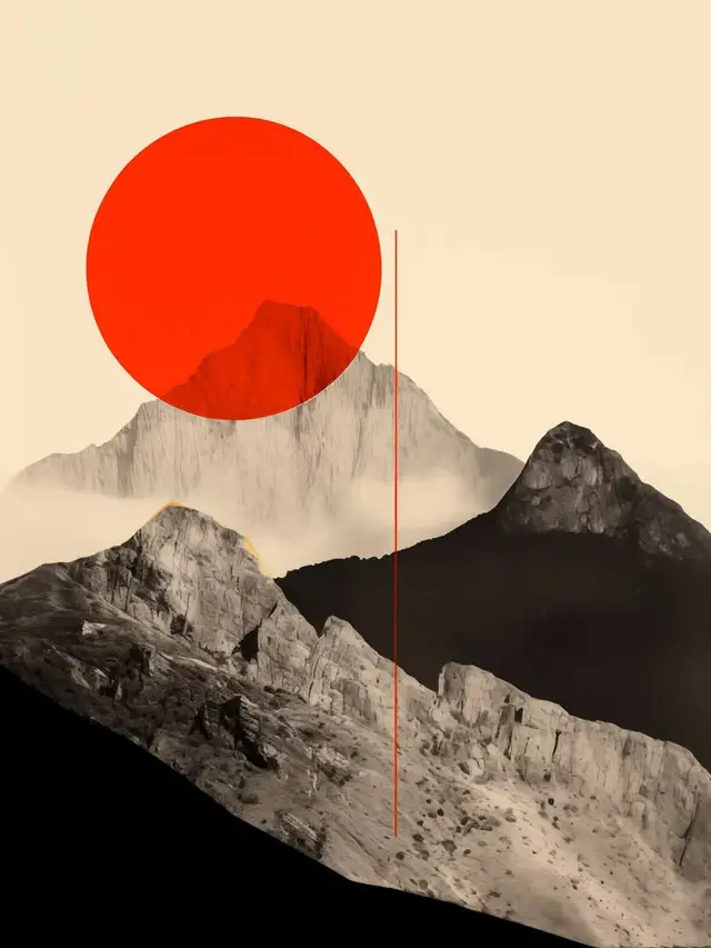 Red Sun Over Layered Mountains — Minimalist Collage Poster