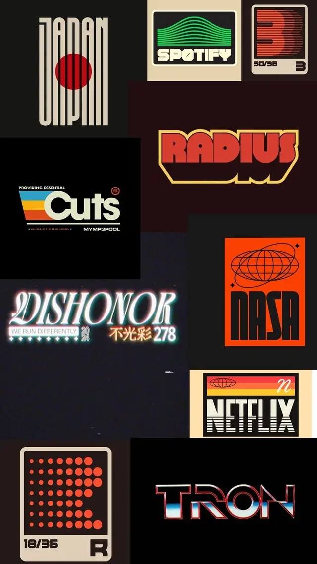 Retro logo collage featuring Spotify, Netflix, NASA, TRON, RADIUS
