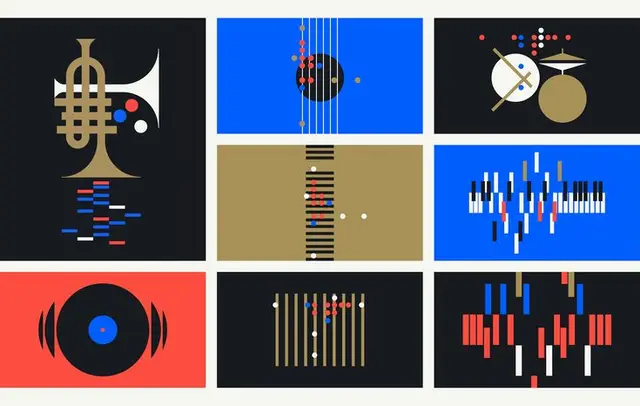 Minimalist 3x3 Musical Icon Grid — Geometric Instrument Panels